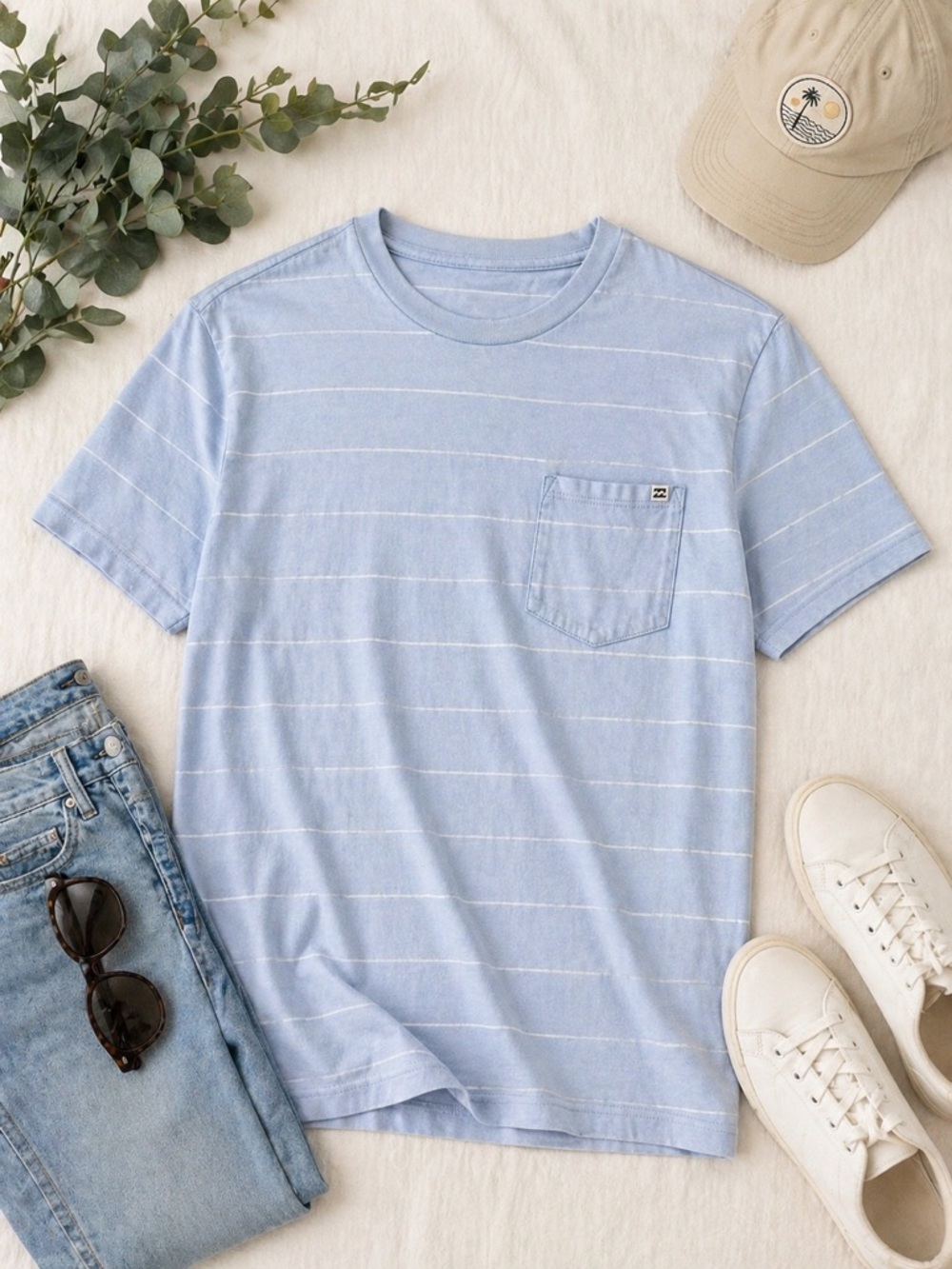 Billabong Light Blue Striped Pocket Tee Shirt Size Small